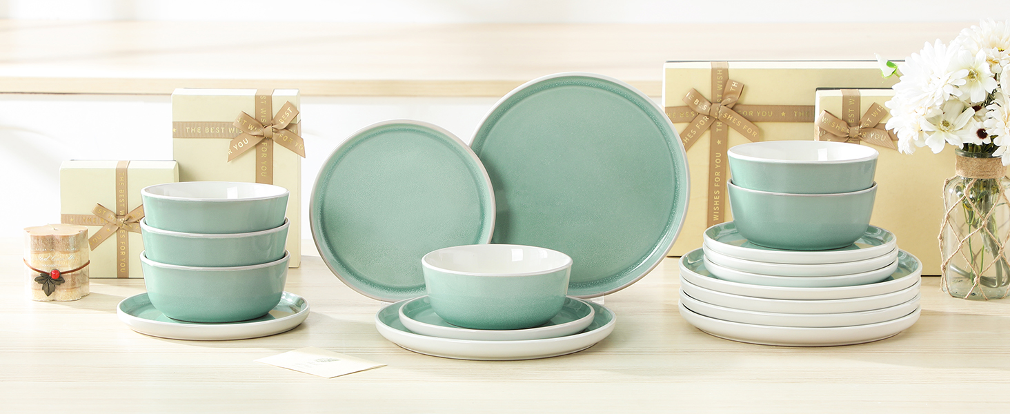 Набір посуду Steingut 18 предметів vancasso ELBA для 6 осіб, сучасний посуд у бірюзовому кольорі (6 тарілок, 6 мисок, 6 десертних тарілок)