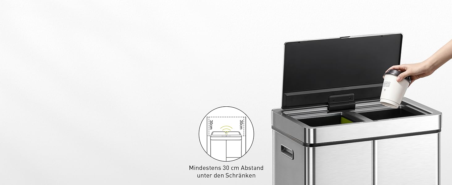 Сортувальний контейнер для сміття EKO Mirage Plus 60л, нержавіюча сталь, сенсорний, 3 відділення (15л + 15л + 30л), пластикові відра