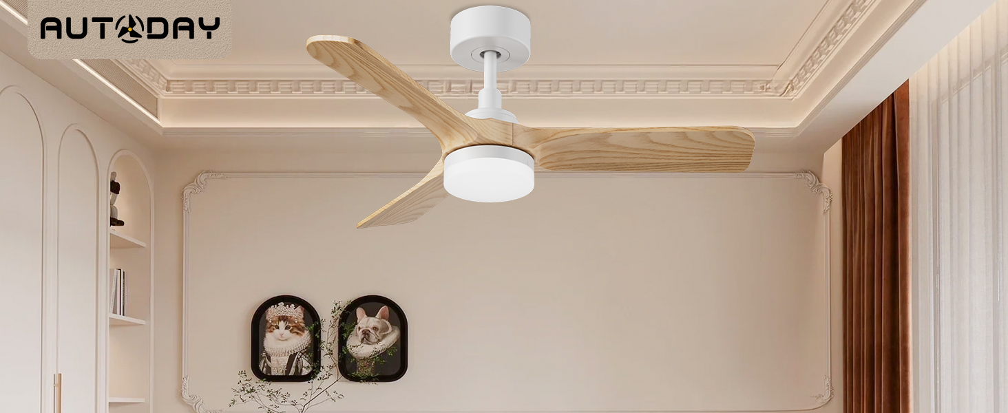 Стеляний вентилятор Holz з підсвіткою, тихий DC-двигун, 90 см, для вулиці, 3 дерев'яних лопаті, диммування LED 24W, пульт з пам'яттю, 6 швидкостей, таймер (світла текстура дерева, 75 см)