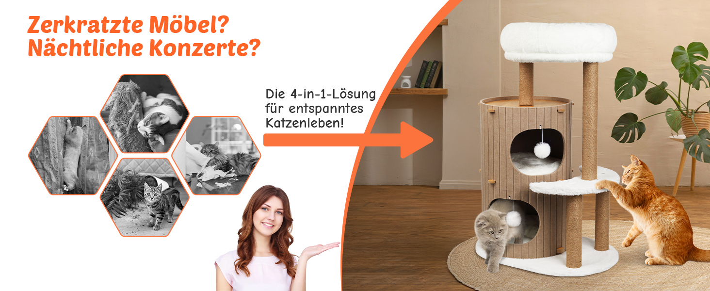 Котячий будиночок з подряпальником - великий, стійкий, з біо-льону, для котів до 25 кг (Бежевий)