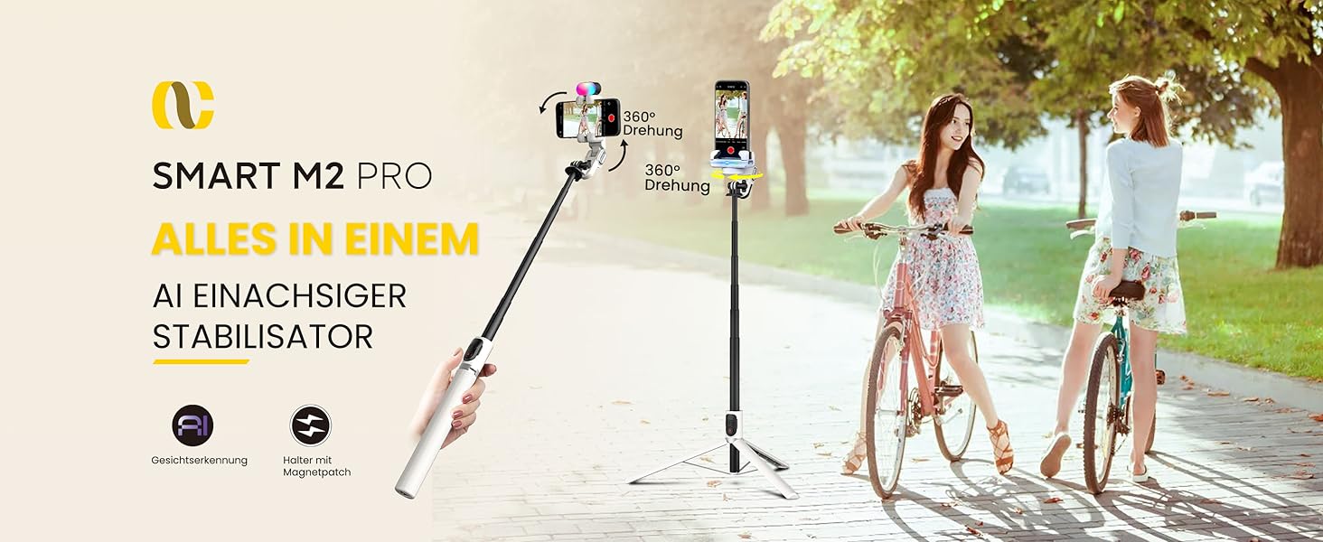 Стабілізатор для телефону AOCHUAN M2Pro, 4-в-1 RGB світло, тримач для смартфона, 108 см, чорний/білий