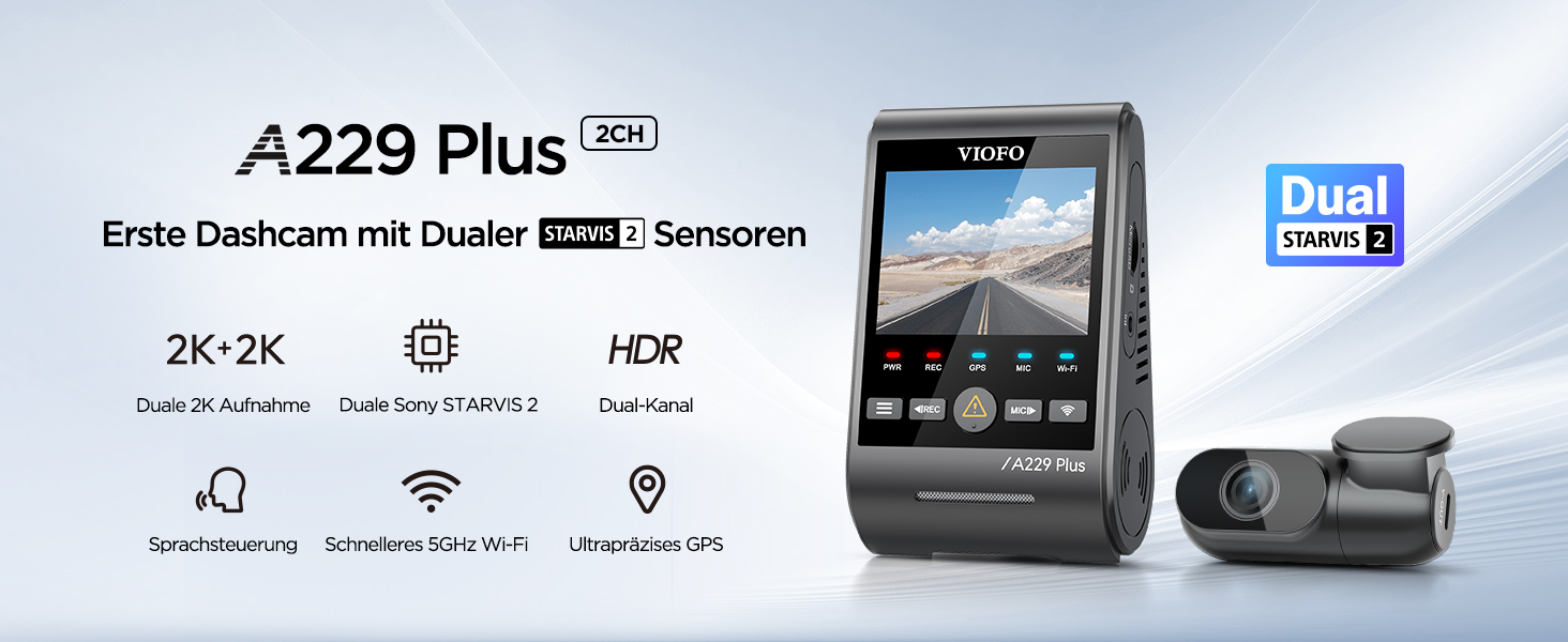 Автомобільний відеореєстратор VIOFO A229 Plus 2K + 2K Dual STARVIS 2, HDR, з голосовим керуванням, 5GHz Wi-Fi, GPS та Super Night Vision 2.0, 2.4