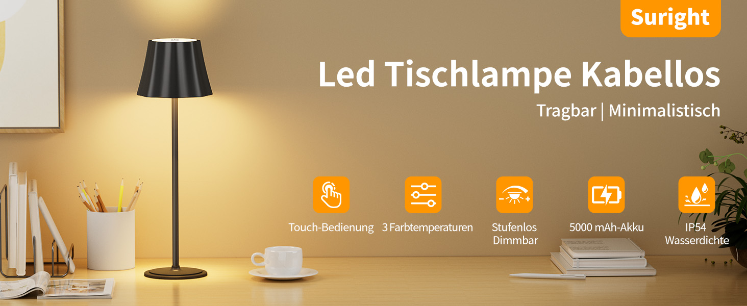 Бездротова LED-лампа Suright для столу з акумулятором 5000mAh, 3 режими кольору та регулюванням яскравості, IP54 вологозахист для вулиці, кемпінгу, тераси, вітальні, спальні