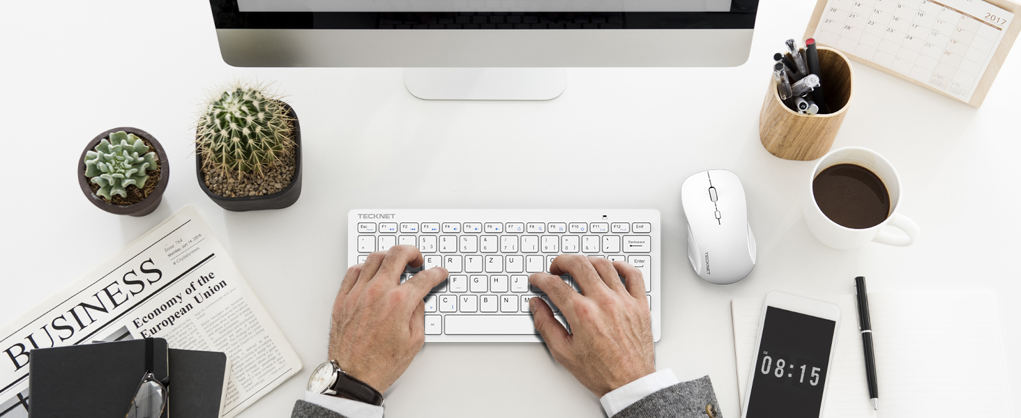 TECKNET Бездротовий комплект клавіатури та миші, QWERTZ, 2.4 GHz, 15м, тиха клавіатура та миша для ПК, ноутбука, Smart TV, білий