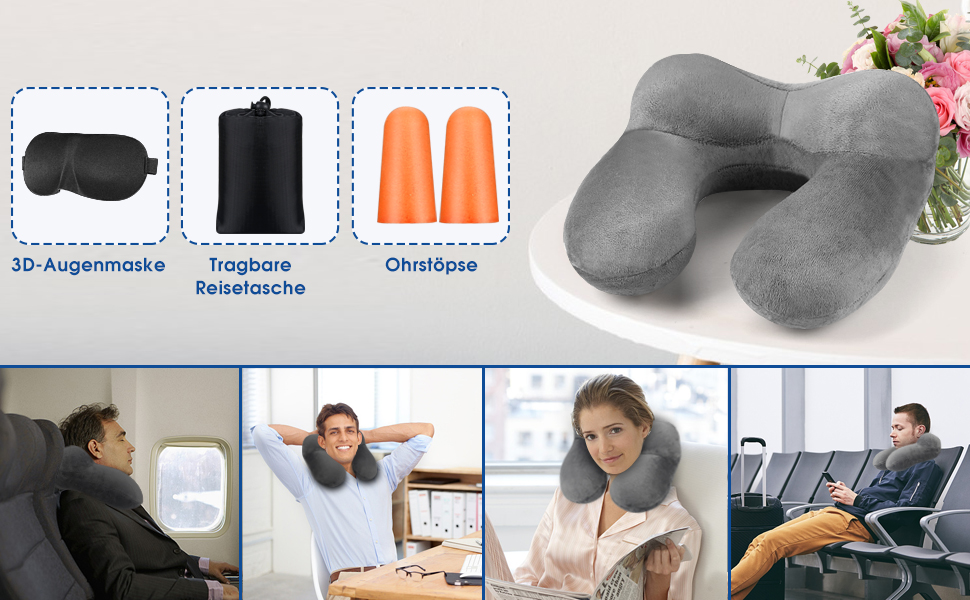 Подушка для шиї BBjinronjy надувна для подорожей, літака, офісу, авто, кемпінгу, з чохлом з м'якого велюру, ергономічна, з навушниками (сіра)