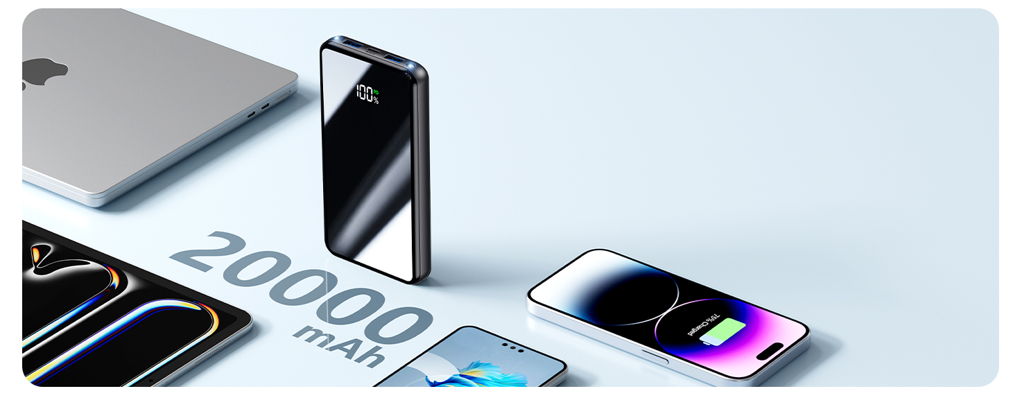 Power Bank 20000mAh з швидкою зарядкою 22,5W USB-C PD3.0 & QC4.0, LED дисплеєм, для iPhone, Galaxy, подорожей та кемпінгу, чорний