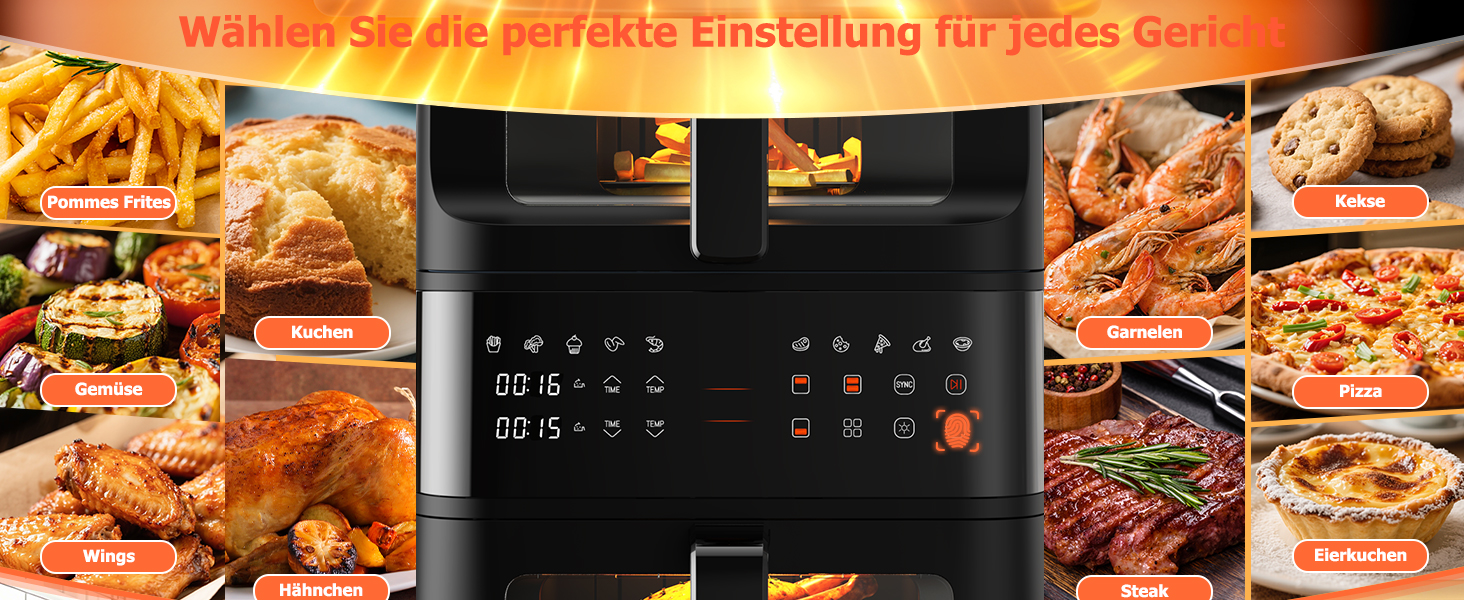 Електрична фритюрниця без олії (10л) з подвійним набором камер, подвійний набір, сенсорний екран, 10 програм, таймер, чорна