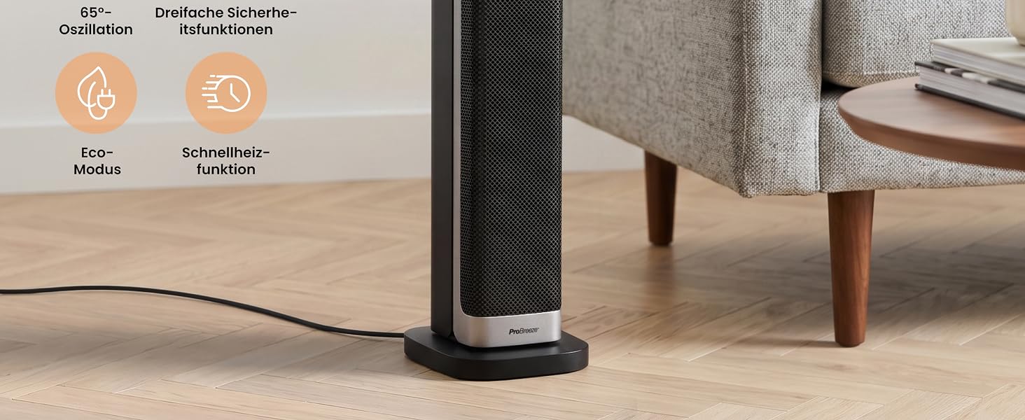 Керамічний тепловентилятор-тумба Pro Breeze ThermaCube Plus 2200W з термостатом, дистанційним керуванням та функцією обертання 65°, Eco-режим, захист від перекидання