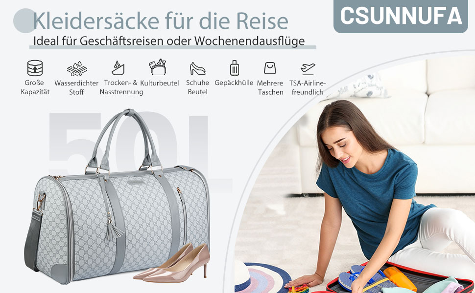 Сумка-трансформер для подорожей 50 л, 2-в-1 з водонепроникним відділенням для взуття та системою проти зминання – ідеальна для ділових поїздок та відпочинку (Сірий)