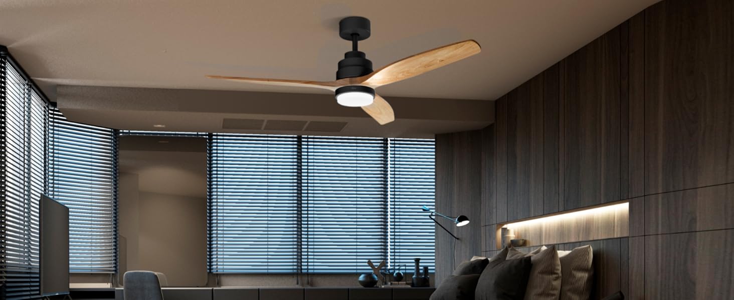 Стеляний вентилятор Ufesa, 40W, 6 швидкостей, надзвичайно тихий, 3 дерев'яних лопаті 132см, літньо-зимовий режим, таймер 8год, пульт керування, з підсвічуванням, чорний - світле дерево