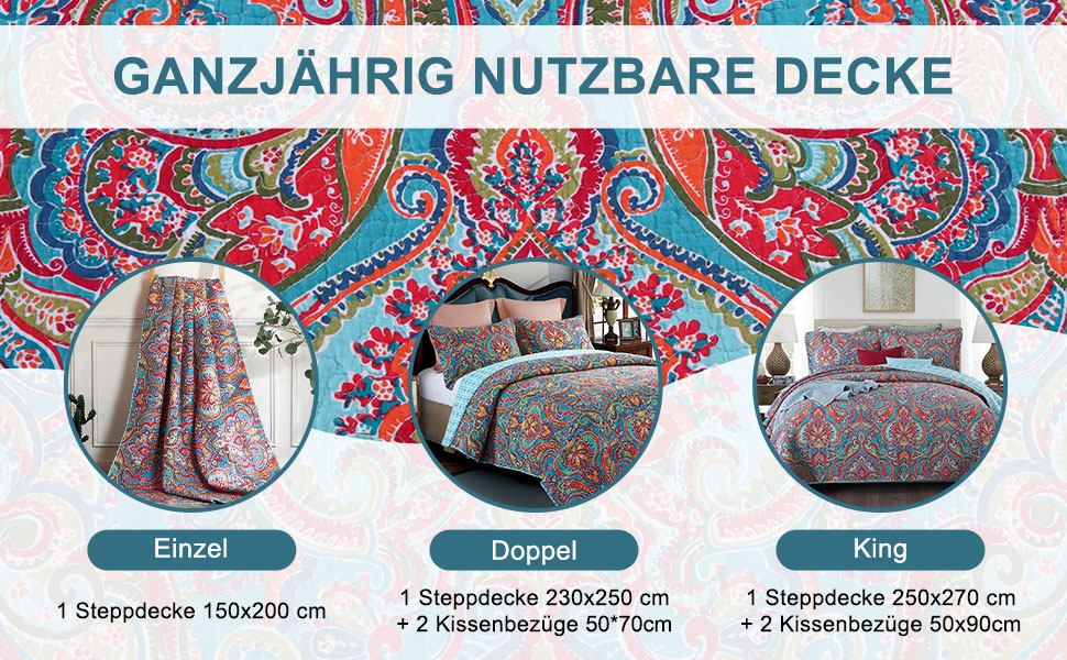 Qucover Плед з візерунком пейслі 220x240 см, стеганий, бохо стиль, для дивану та ліжка, комплект з подушками (2 шт.), бавовна/поліестер