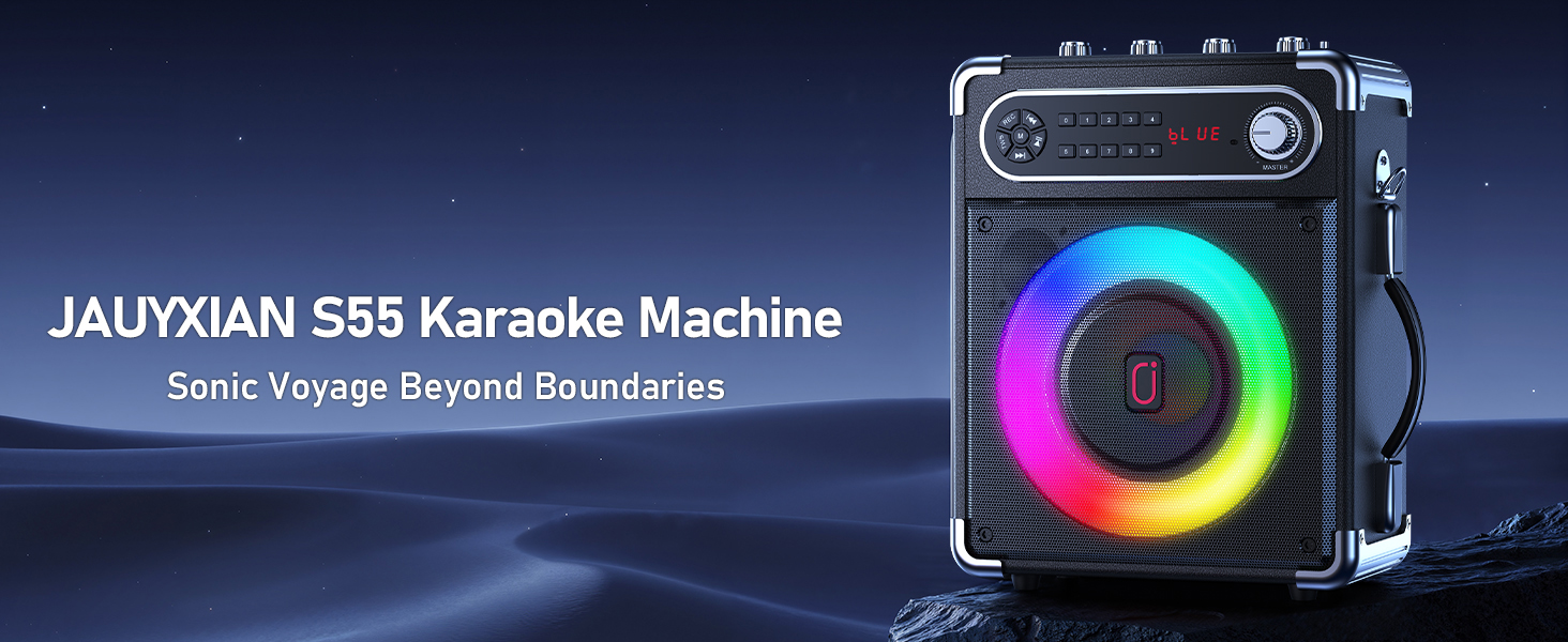 Караоке-машина JYX з 2 UHF-мікрофонами, Bluetooth-колонка з регулюванням басів/високих частот, пульт дистанційного керування та LED-підсвічуванням, підтримка TF-карт/USB, AUX IN, FM, REC, чорний колір