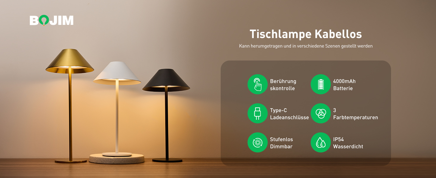 LED-лампа настільна бездротова золота, 2 шт. - акумулятор, USB, сенсорне керування, IP54, для дому та вулиці