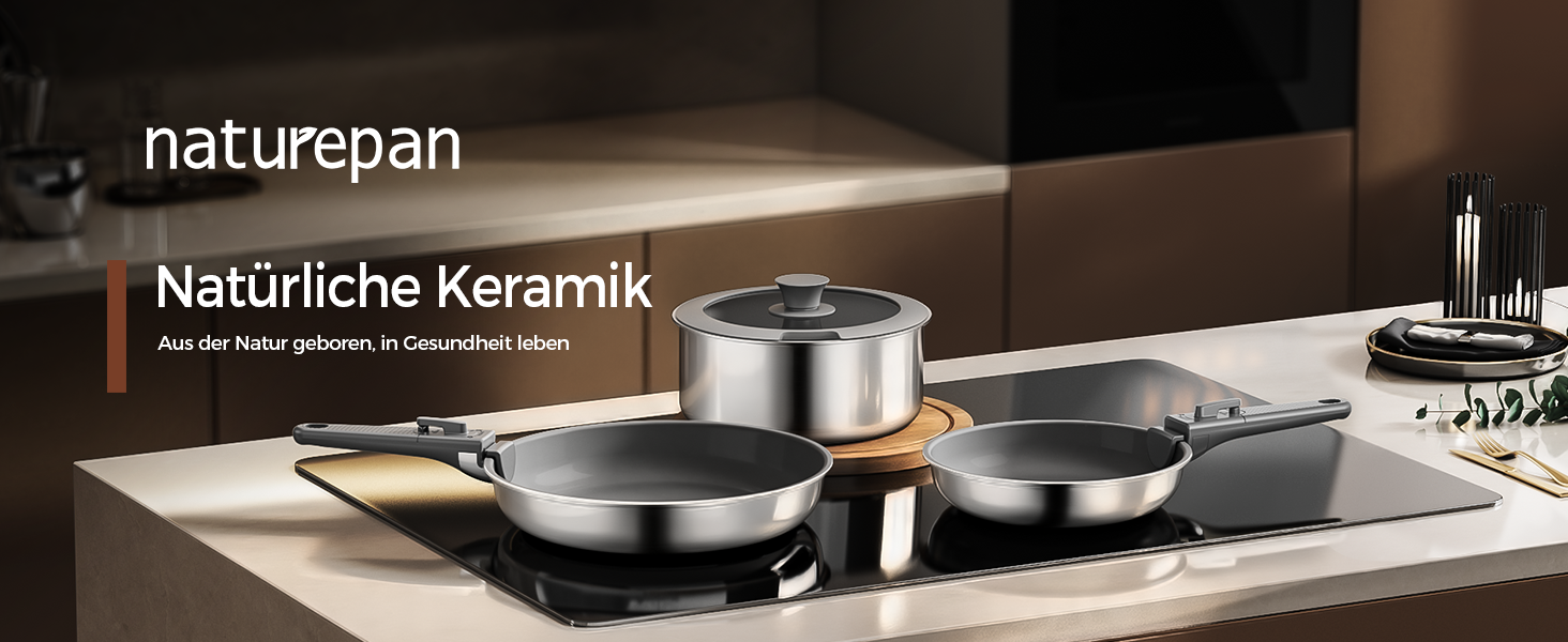 Набір посуду антипригарного 16 предметів з діамантовою керамікою та нержавіючою сталлю, знімні ручки, індукція, посудомийна машина, духовка (Сірий)
