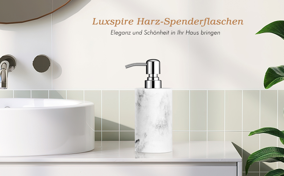 Дозатор для рідкого мила Luxspire Marmor 320 мл, циліндричний, білий з мармуровим малюнком, для ванної кімнати та кухні
