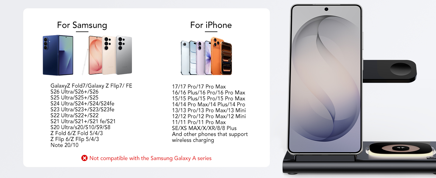 Бездротовий зарядний пристрій 3-в-1 для Samsung Galaxy: S26/S25/S24/S23, Z Flip/Fold, Galaxy Watch Ultra/8/7/6/5/4, Galaxy Buds - Чорний