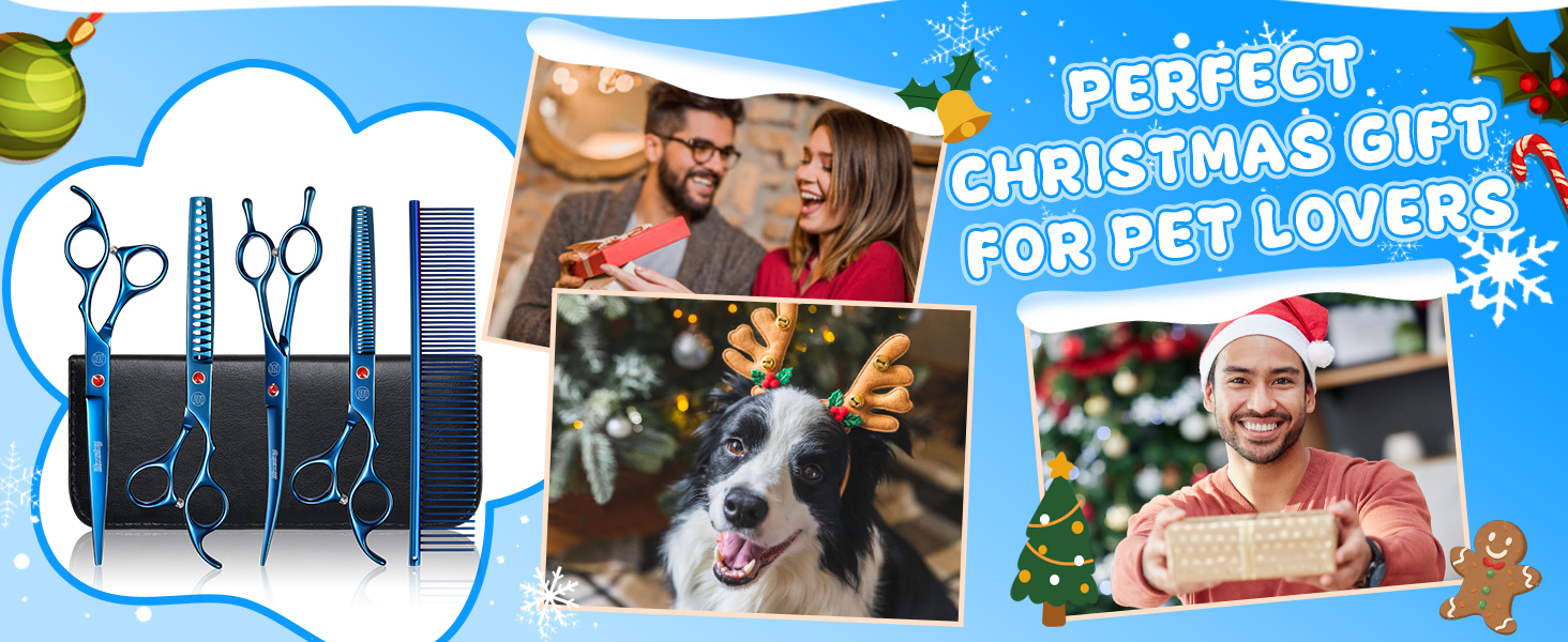 Професійний набір ножиць для грумінгу собак Moontay 7 дюймів (3 ножиці): вигнуті, прямі, розріджувачі (блакитний)