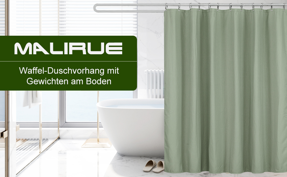 Штора для душу Waffel 183x198 см - текстильна, поліестер, з магнітами, 12 кілець, непрозора, водовідштовхувальна, для ванної кімнати (зелена)