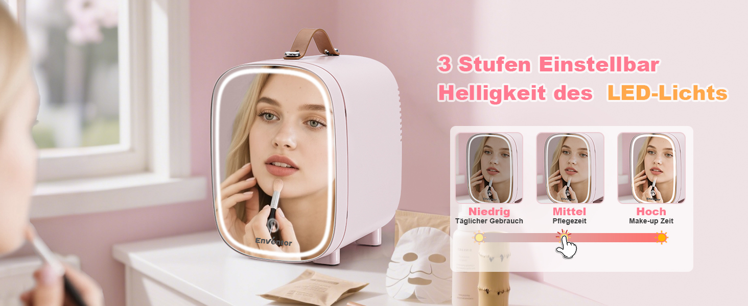 Mini-холодильник Enventor 4L (6 банок) з LED-дзеркалом, охолодження/нагрівання, рожевий