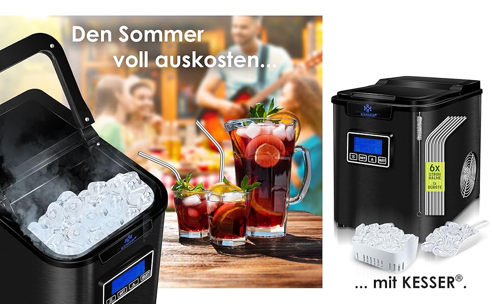 Машина для приготування льоду KESSER® з нержавіючої сталі, 150W, 12 кг/24 год, 3 розміри кубиків, таймер, LCD-дисплей, чорний