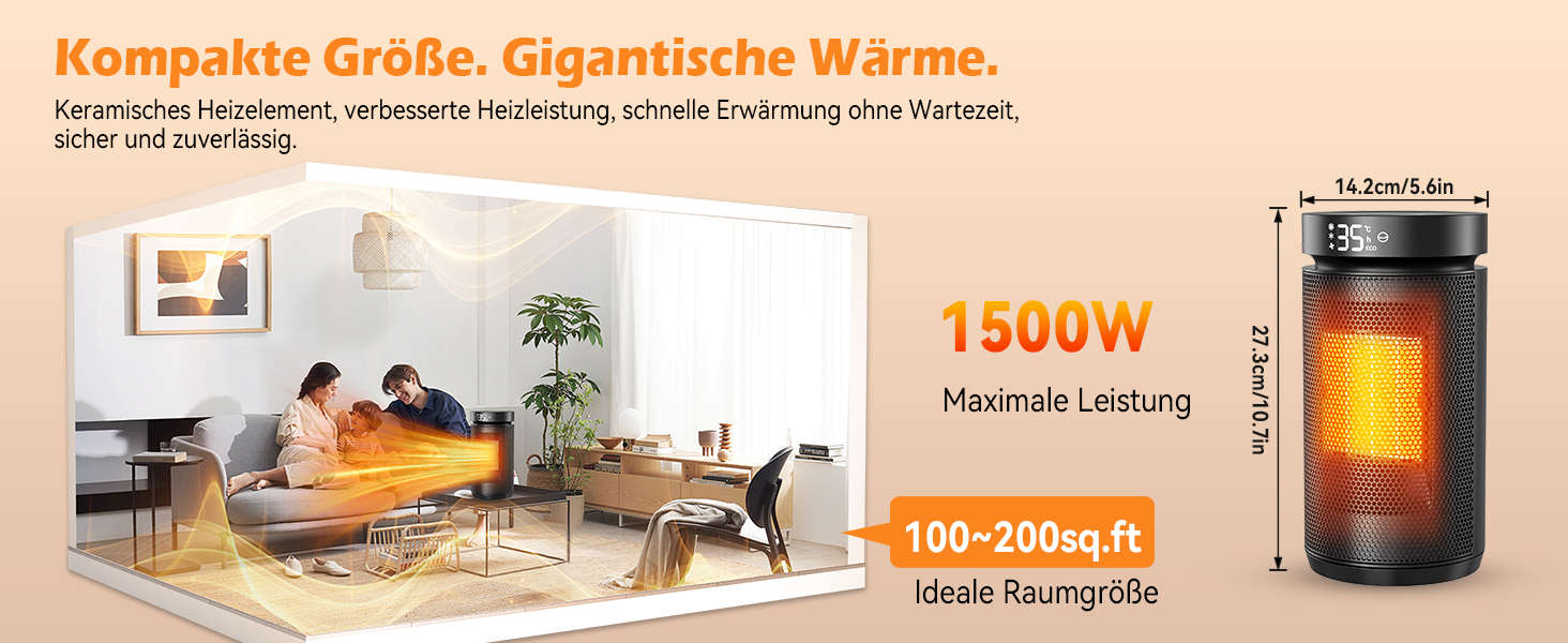 Електричний обігрівач PTC керамічний 2200W з пультом дистанційного керування, 4 режими, таймер 12H, термостат, ECO-режим, осциляція 70°, захист від перегріву та перекидання, для дому та офісу (чорний, 27см)