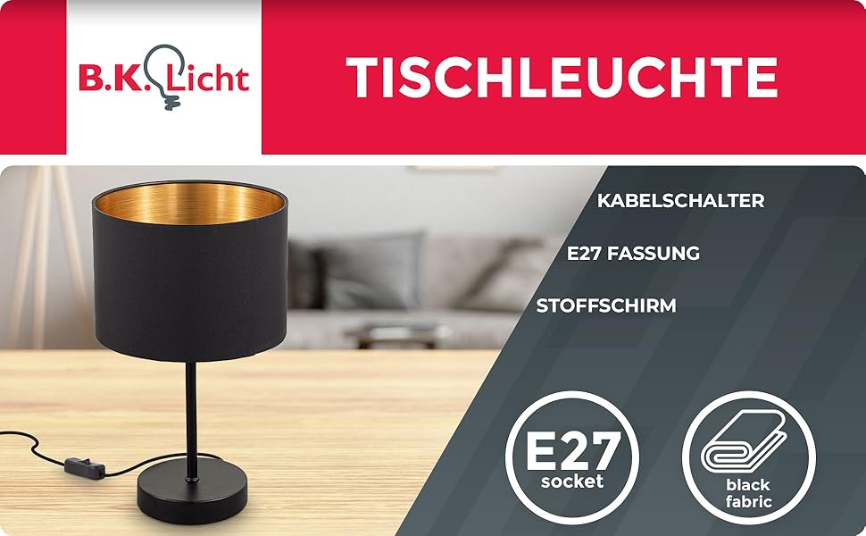 Торшер B.K.Licht: вінтажна настільна лампа з абажуром з тканини, чорно-золота, 33x20 см | Настільна лампа для читання та роботи