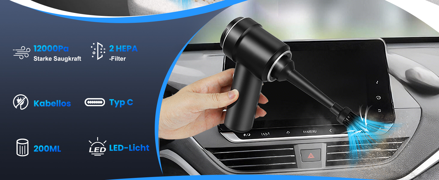 Автомобільний акумуляторний пилосос Handstaubsauger 12000Pa з HEPA-фільтром та LED підсвіткою для дому, авто, меблів, шерсті тварин