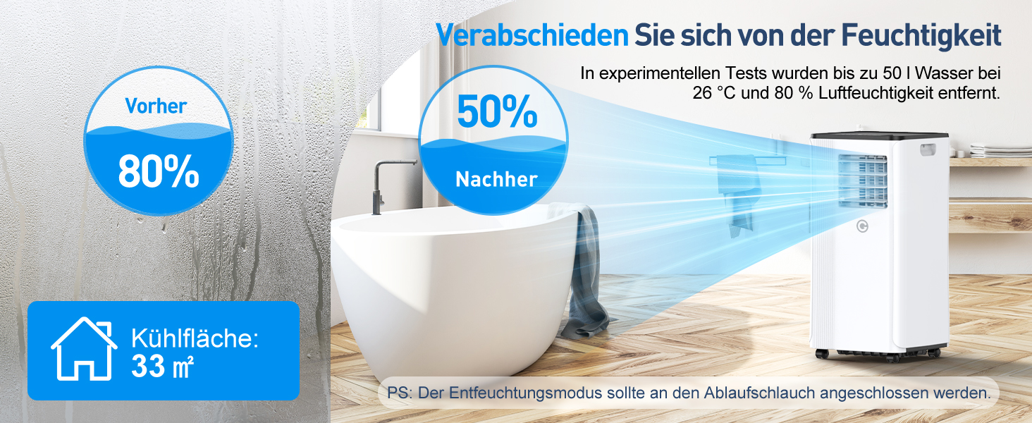 Мобільний кондиціонер Klimaanlage 9000 BTU 3-в-1: охолодження, осушення, циркуляція повітря, LED дисплей, пульт, таймер, тихий, енергоефективний, для приміщень до 88 м³
