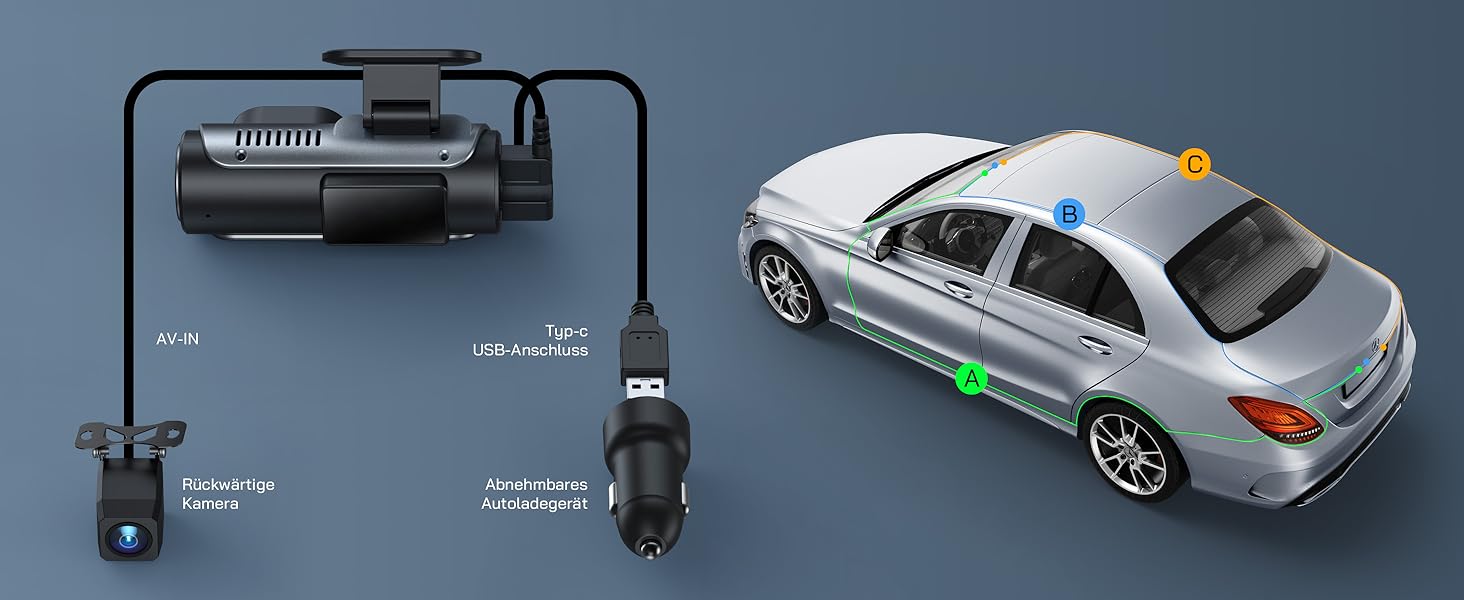 WOLFANG Dashcam Auto Передній та Задній 4K WiFi відеореєстратор з 32GB SD карткою, Ultra нічне бачення, 170° широкий кут огляду, WDR, 24 год. режим паркування, G-сенсор, циклічна запис
