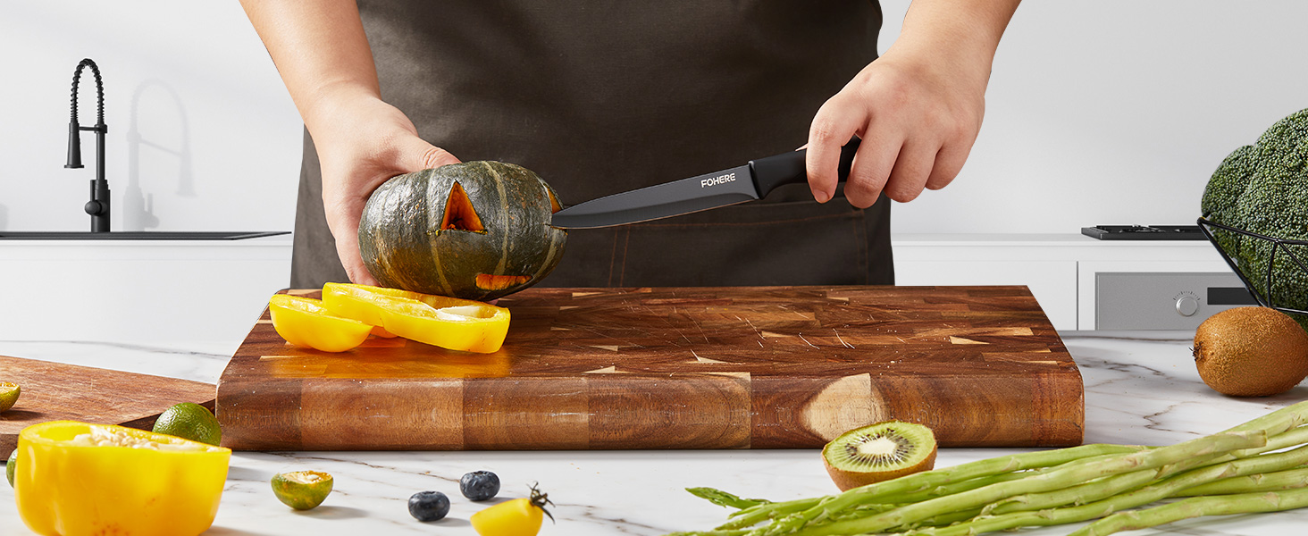 FOHERE 13-Piece Stainless Steel Knife Set with Block & Sharpener - Ergonomic Black Granite Handles