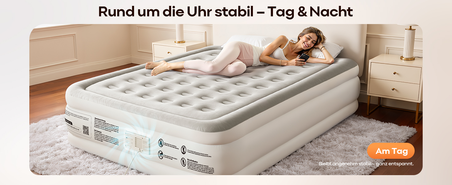 Надувний матрац Premium Luftmatratze з вбудованим насосом для 2 осіб, білий - швидке надування, м'яке флокування, для дому та кемпінгу