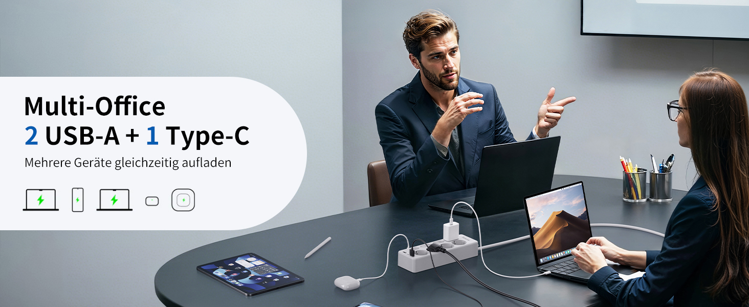 Мережевий фільтр Sameriver на 8 розеток з захистом від перенапруги, 3 USB-порти, вимикач, кабель 3м, білий
