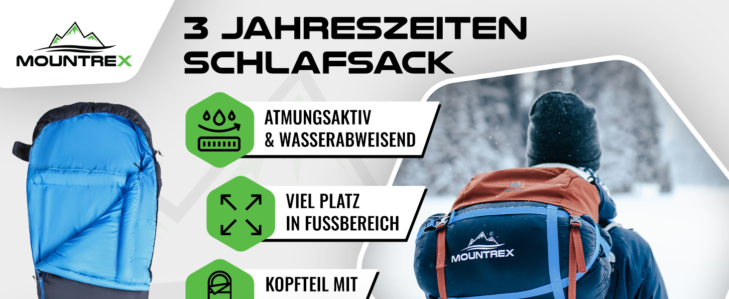 Сплячий мішок MOUNTREX® - компактний та ультралегкий (760г/1500г) - Outdoor (100GSM) / 3-4 сезони (300GSM) - Мумієподібний спальний мішок – кемпінг, подорожі, фестивалі – теплий та з'єднуваний (Темно-синій/Синій, 3 сезони - 1500г (RV Ліворуч))