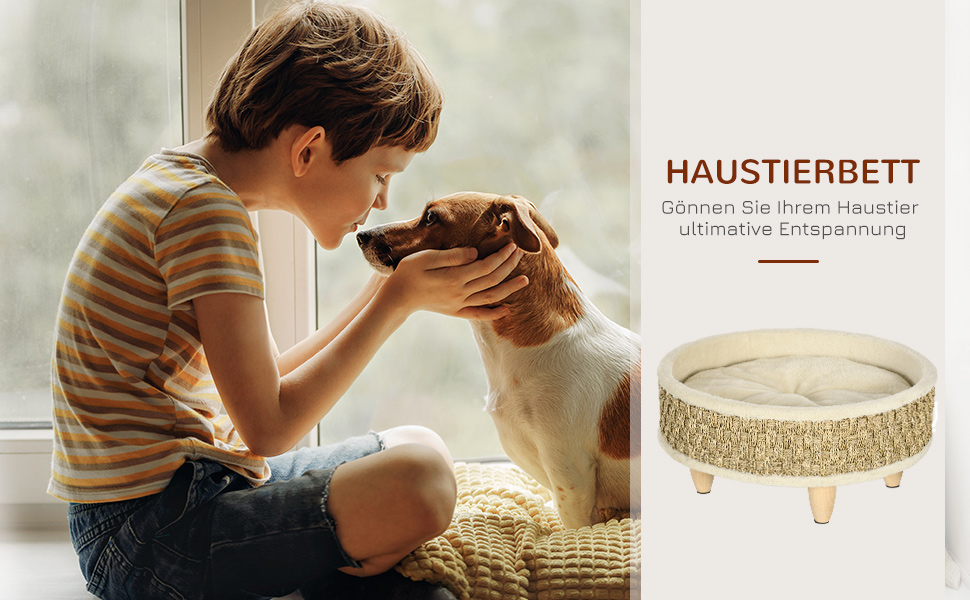 PawHut Крісло-лежанка для котів та собак, лежанка для тварин з сизалевим мотузком та дерев'яними ніжками, кругленька, для дому, бежево-хакі, 48 x 48 x 24,5 см