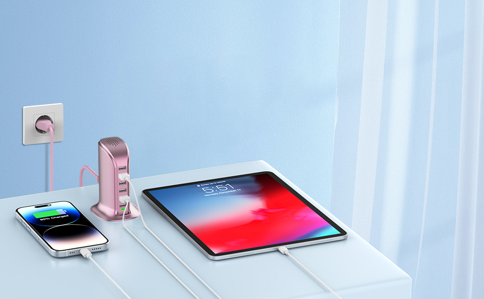 Зарядний пристрій USB багатопортовий 6 портів 25W/50W для iPhone, Samsung, LG, Huawei (Чорний/Рожевий)