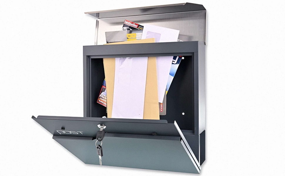 Поштова скринька Verda Anthracite з газетницею, порошкове покриття AkzoNobel, 2 ключі, табличка з ім'ям, дизайнерська настінна поштова скринька з нержавіючої сталі