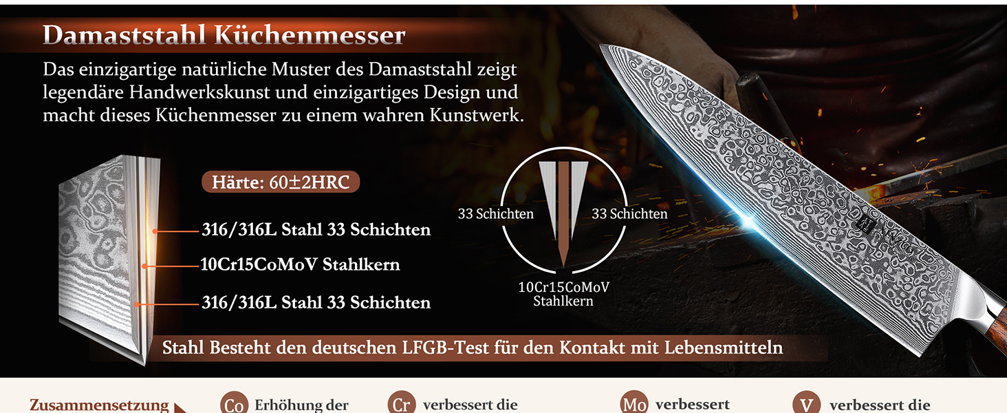 XINZUO 21cm Damascus Chef's Knife - 67 Layer Multipurpose Kitchen Knife for Meat, Fish & Vegetables - Gyuto Professional Hand-Forged Knife with Ergonomic Rosewood Handle
