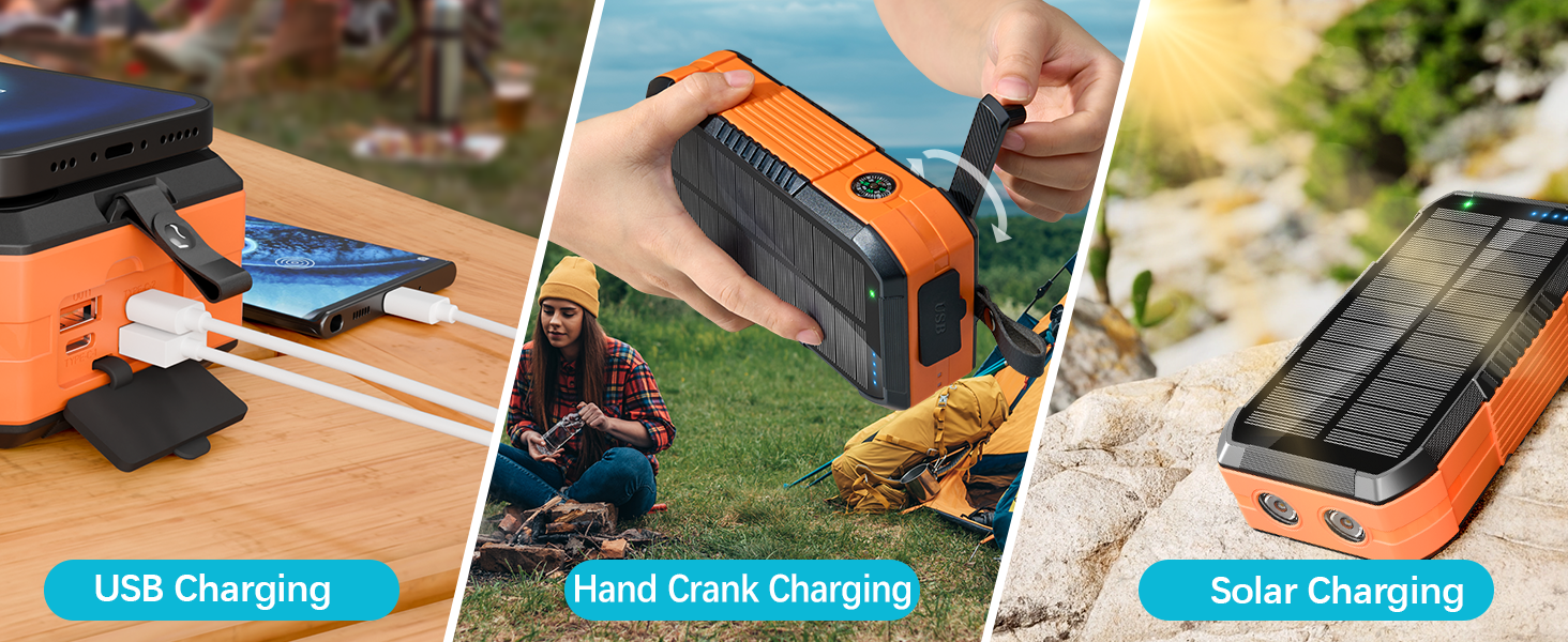 Портативний зарядний пристрій 70000mAh з сонячною панеллю: Power Bank з PD 30W, бездротова зарядка, 6 виходів USB, ліхтарик, компас, ручка для підзарядки, для кемпінгу та активного відпочинку, помаранчевий