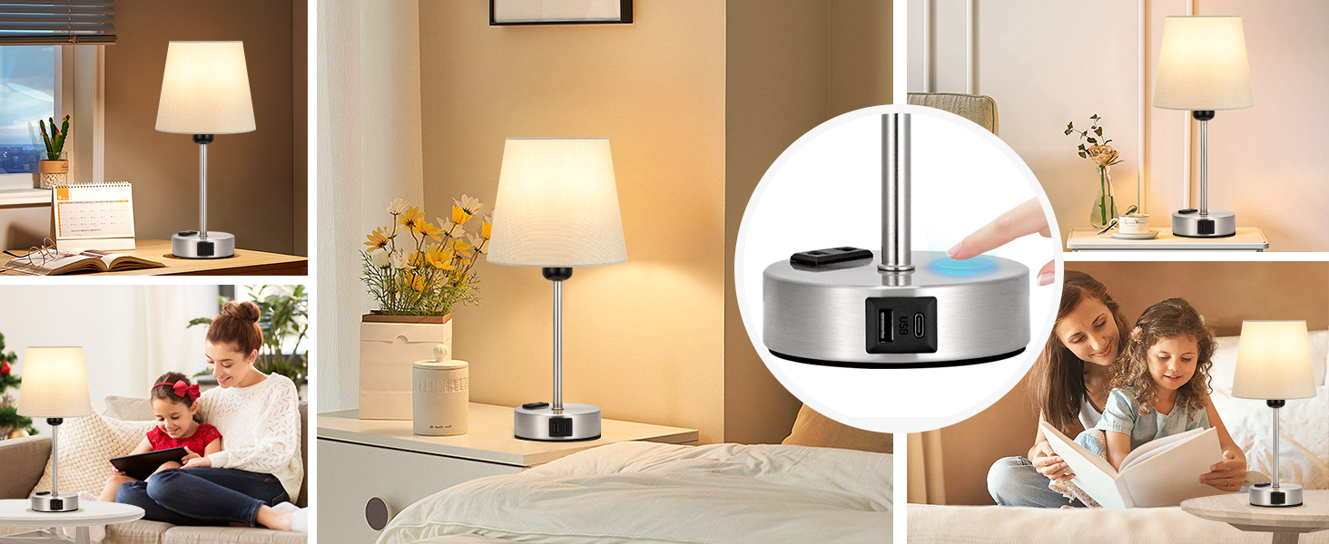 Настільна лампа Kakanuo з торшетом, 2 шт., з USB-портами та диммуванням, для спальні, вітальні, дитячої кімнати, офісу, тканинний абажур, колір: сірий-сріблястий