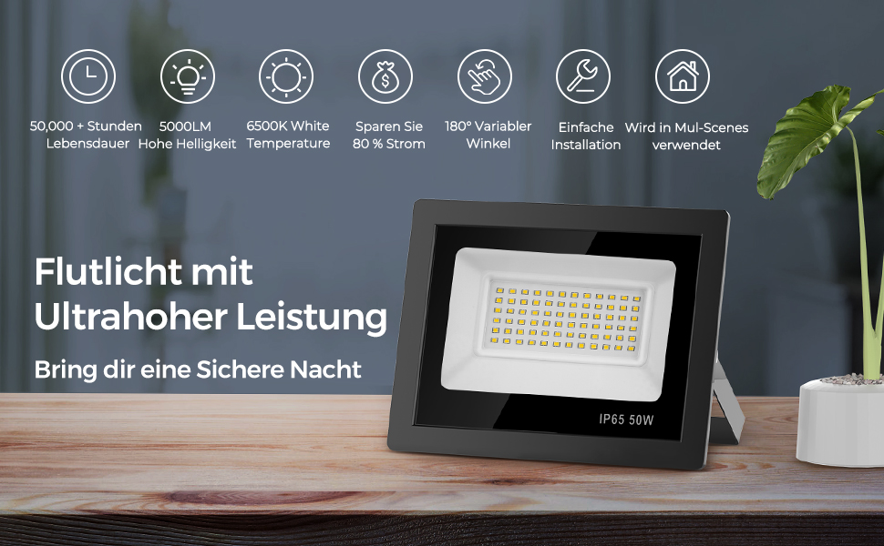 Світлодіодний прожектор для вулиці 10000Лм, 50Вт, 144LED, IP65, 6500K, водонепроникний ліхтар для саду, гаража, подвір'я