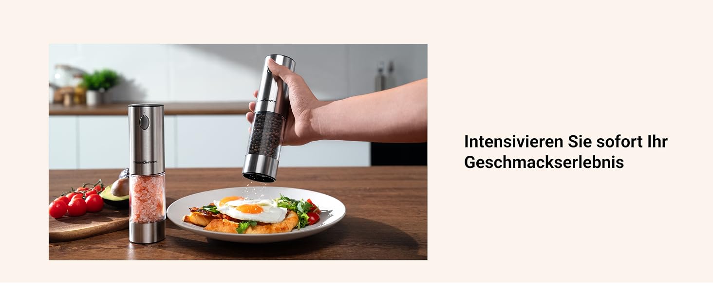 Електричний набір млинів для солі та перцю ThermoMaven Gun Grey, 110 мл, з підсвіткою LED, 6 режимів помелу, акумуляторна