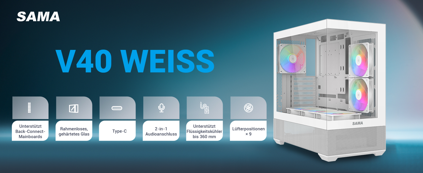 Корпус ПК SAMA V40 Mid-Tower ATX з 6 вентиляторами 120 мм ARGB PWM, подвійні панелі з загартованого скла, Dual Chamber, USB 3.1 Type-C, підтримка ATX/mATX/ITX GPU, білий колір