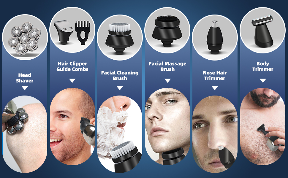 Електрична машинка для гоління голови Qhecomce 6-в-1, чоловіча, з 7 плаваючими головками, для сухого та вологого гоління, чорна