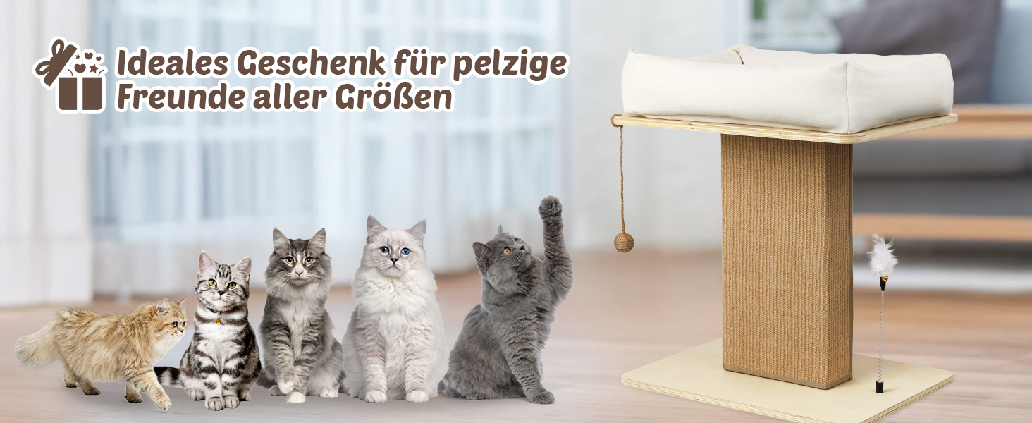 Котячий будиночок з дряпалкою Luxus: широка колона з берези, міцний, до 25 кг, сизаль, велике ліжко з подушкою з органічної льону, легко збирається, бежевий колір