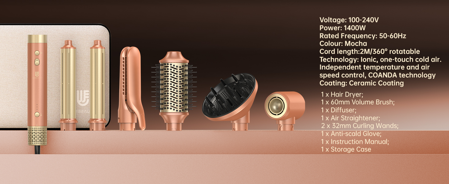 Webeauty 7-в-1 Стайлер для волосся: фен, плойка, брашинг, дифузор, 110,000 об/хв, 25 м/с, 500 млн негативних іонів, Dual Voltage, Mokka