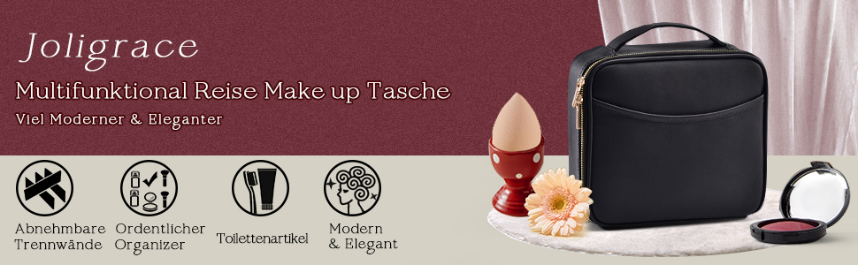 Косметичка для макіяжу та косметики, органайзер для подорожей, сумочка для косметики з ручкою та регульованими перегородками (шкірозамінник, чорний)