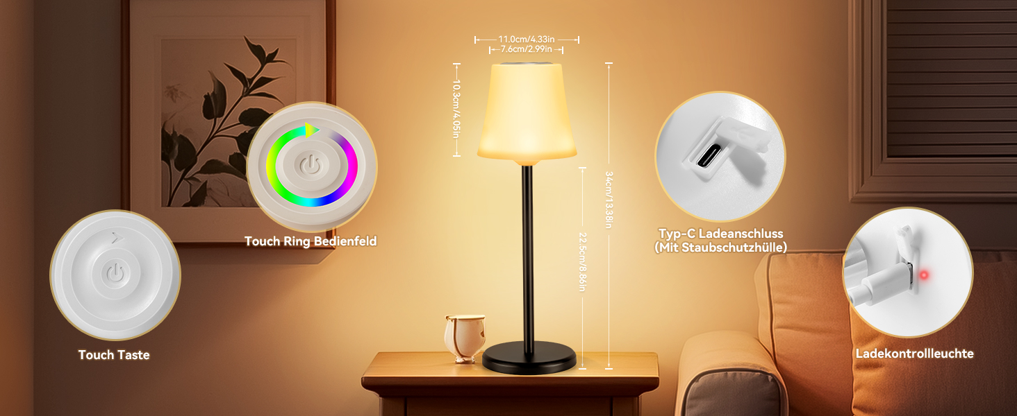 LED настільна лампа акумуляторна 2 шт, біла, IP54, диммування, сенсорне управління, для ресторанів, спальні