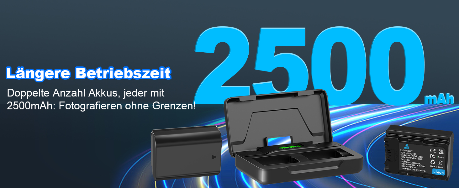 Акумулятор NP-FZ100 Homesuit 2280mAh та подвійний зарядний пристрій для камер Sony ZV-E1, FX3, FX30, A7RIII, A7RV, A7RIV, A7SIII, A7III, A7IV, A7C, A7CII, A6600, A6700, Alpha A1, A9, A9II, A9III, 9R, A9R, 9S (2 шт.)