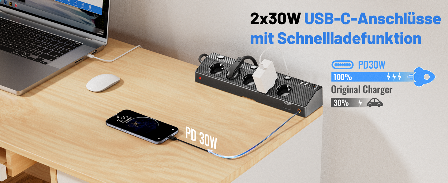 Мережевий адаптер PASSUS з 5 розетками, 2 USB-C (PD 30W), захист від перенапруги, індивідуальне вмикання, 10-в-1, з кабелем 2м, для офісу, чорний