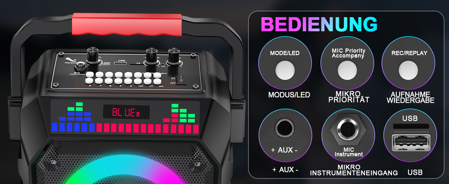 Караоке машина з 2 мікрофонами, портативна Bluetooth колонка з підсвічуванням для дорослих/дітей, PA система, підтримка TF/USB, FM, запис, AUX, для вечірок, співу, DJ, заходів